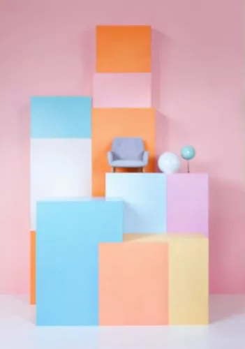 Create a high-resolution 3D render of a minimalist and vibrant display inspired by the reference image. The scene features exactly nine pastel-colored cubes in shades of gray, purple, yellow, and oran