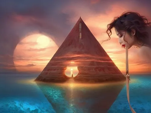  nude Beautiful japanese girl, full dark curly hair, big dark almond eyes, full red lips, misty sky
,a painting of a woman with a wand standing in front of a pyramid,inanna,fantasy picture,mediumship,