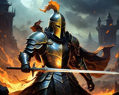 The battlefield is a feast for the eyes, with the golden knight and the black mage clad in armor wielding fierce weapons. The battle takes place in a darkness, with the orange glow casting a dark ligh