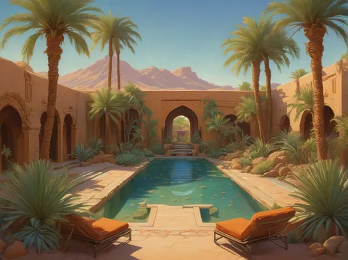 riad,desert landscape,desert desert landscape,arabic background,oasis,date palms,the desert,caravanserai,desert background,marrakesh,desert,dubai desert,morocco,madinat,palm pasture,royal palms,palm field,majorelle blue,cabana,souk,Illustration,Realistic Fantasy,Realistic Fantasy 44