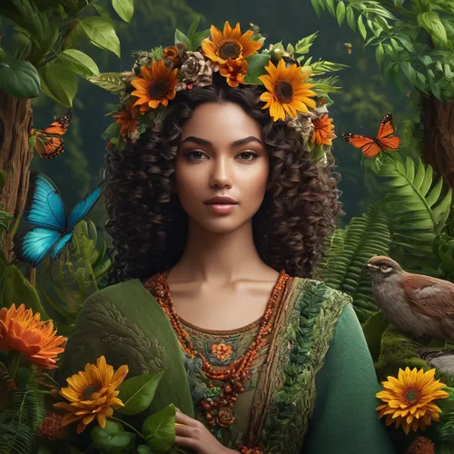 Create nature-themed avatars with natural elements, earthy tones, and floral accessories. Design a serene atmosphere for a peaceful and organic look.Pixel art style.,tiana,moana,vanessa (butterfly),gi