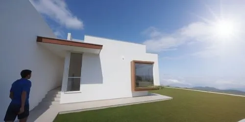 a man in blue shirt standing in front of a house,3d rendering,cubic house,render,grass roof,roof landscape,frame house,house roof,folding roof,dunes house,sky apartment,homebuilding,cube house,sketchu