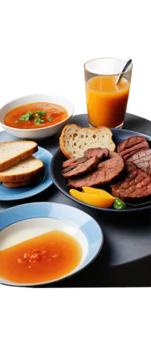 Delicious food on table, lunch setting, various dishes, bowl of steaming hot soup, plate of juicy meat, basket of crusty bread, glass of refreshing juice, fork and knife placed neatly, warm lighting, 