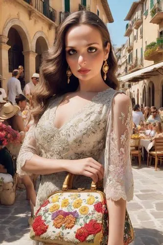 sicilian cuisine,positano,capri,puglia,italian,apulia,beautiful girl with flowers,girl in a long dress,vintage floral,portofino,carpaccio,woman holding pie,floral dress,italian food,bazaar,tuscan,italy,taormina,vintage dress,pizza service,Photography,Realistic