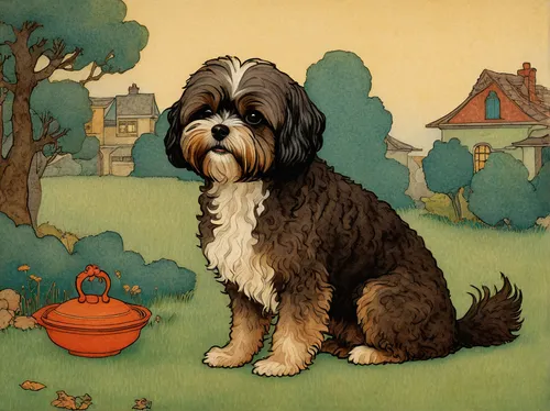 tibetan terrier,bearded collie,havanese,teddy roosevelt terrier,old english terrier,portuguese water dog,dog illustration,sealyham terrier,standard schnauzer,old english sheepdog,shih poo,shih-poo,cesky terrier,tenterfield terrier,schnauzer,lhasa apso,shih tzu,yorkipoo,skye terrier,black and tan terrier,Illustration,Retro,Retro 17