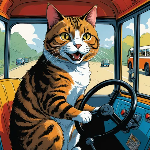 red tabby,bus driver,cat european,routemaster,toyger,bengal,vintage cat,cat cartoon,cat image,red cat,tram car,american bobtail,tabby cat,cartoon cat,campervan,vintage cats,trolleybus,felidae,cat vector,illustration of a car,Illustration,American Style,American Style 13