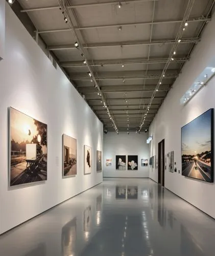 
The art gallery hall is in a minimalist style, with large paintings on the walls, the lighting is soft and dim, the atmosphere is pleasant and harmonious. The walls are white, the floor is concrete, 