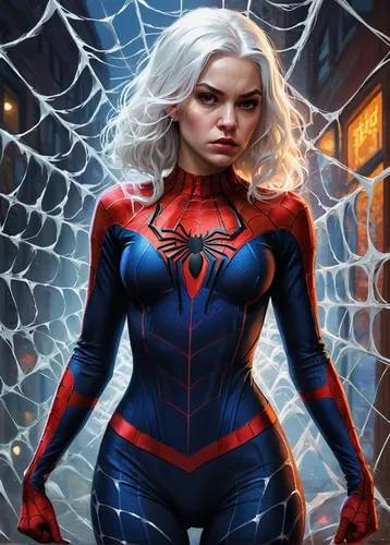 Full-body portrait of an angry white-haired girl wearing a Spider-Man suit, surrounded by spiderwebs, highly detailed, digital art, art station, conceptual art, soft, sharp focus, by Greg Rutkowski, R