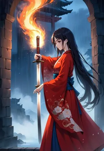 a beautiful woman spreading black long hair and pearl skin in red ancient traditional dress with high class lace pattern , her eyes look down to something , grabbing a samurai long sword spreading hot