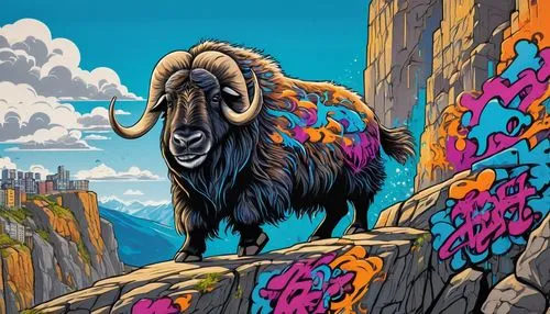 mountain sheep,black-brown mountain sheep,bighorn ram,wild sheep,north american wild sheep,big horn sheep,barbary sheep,muskox,feral goat,bighorn sheep,yak,bighorn,bison,mountain goat,goat mountain,buffalo,ram,argali,mouflon,wool sheep,Conceptual Art,Graffiti Art,Graffiti Art 07