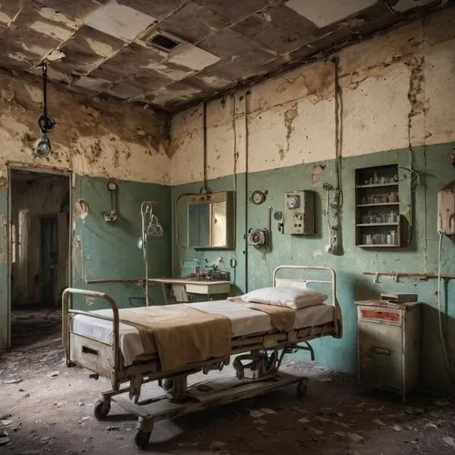 The medical cabin in the abandoned base has mottled and peeling walls, and is lined with empty beds and outdated medical equipment.,hospital ward,holy spirit hospital,doctor's room,treatment room,aban