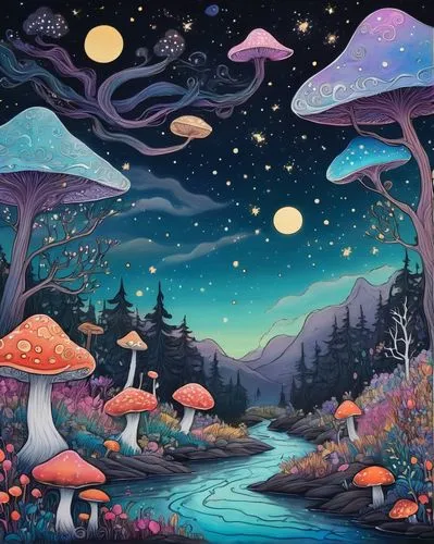 Victoria Nahum art, surrealistic, dreamy, ethereal, mystical, vibrant colors, swirling clouds, whimsical trees, glowing mushrooms, shimmering waterfalls, intricate flowers, delicate wings, celestial b