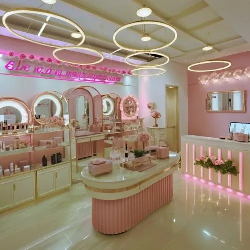 well-stocked luxury makeup store interior of beauty salon pleasant atmosphere excellent luxury lighting delicious aroma in it counters with shadows and makeup, mirrors with lights and hairdressing cha