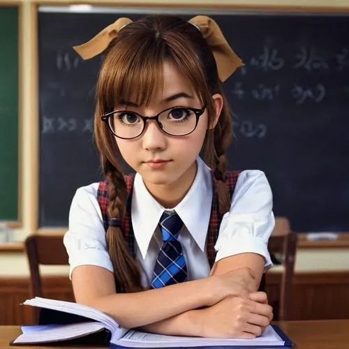 girl studying,schoolgirl,reading glasses,kids glasses,primary school student,school uniform,teacher,school skirt,tutoring,tutor,school enrollment,student,with glasses,school start,kawaii girl,school clothes,anime japanese clothing,mikuru asahina,academic,nerd,Illustration,Retro,Retro 06