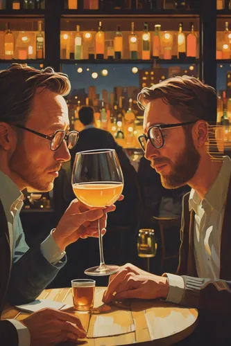 Create a romantic comedy where two strangers meet at a barsecco tasting event. They accidentally switch glasses and spend the whole night trying to find each other again.,glasses of beer,two glasses,c