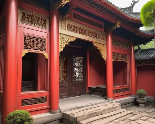 Traditional Chinese palace, majestic grandeur, intricate carvings, upturned eaves, vibrant red walls, golden roof tiles, lanterns hanging from eaves, ornate wooden doors, stone paved courtyard, peacef