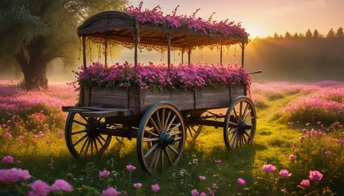 flower cart,flower car,wooden carriage,flowers in wheel barrel,carriage,fantasy picture,Photography,General,Fantasy