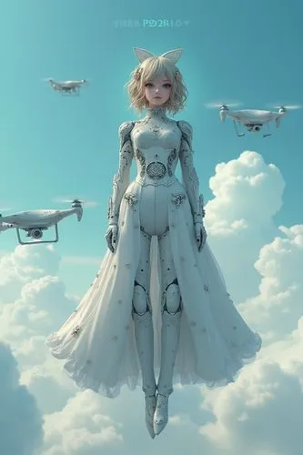 "Hyperrealistic full body of a cute girl wearing intricately detailed futuristic robotic cloth, cyborg_robot_android_alice_with_implants made as constellation, on bioluminescent pale_blue floating amo