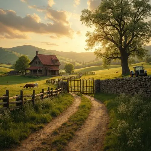 Rural landscape, traditional farmhouse, rolling hills, green pastures, wooden fences, wildflowers blooming, sunset time, warm golden light, rustic metal gate, old oak tree, winding dirt road, few cows