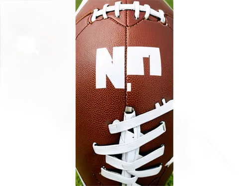 Football, American football, brown leather, white laces, detailed stitching, shiny surface, official NFL logo, slightly worn out, grassy background, afternoon sunlight, 3/4 composition, low-angle shot