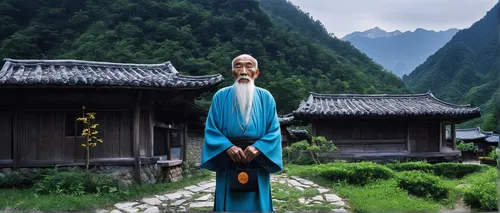 Imagine a peaceful mountain village where a wise old man named 颜成龙 resides.,jizo,shuanghuan noble,guizhou,yunnan,chinese art,korean folk village,yi sun sin,huashan,inner mongolian beauty,shaanxi provi