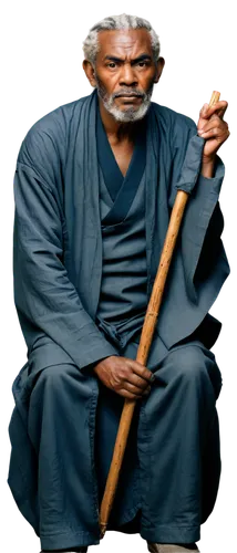 Old African man, wrinkled face, white beard, grey hair, worn-out clothing, cotton robe, wooden cane, sitting, serious expression, aged eyes, dark skin, warm lighting, shallow depth of field, 3/4 compo