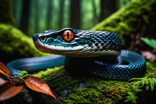 1snake, eye patch, coiled body, scales texture, vibrant colors, forest background, detailed leaves, moss-covered rocks, soft ambient light, close-up shot, 3/4 view, realistic style, dynamic pose, hiss