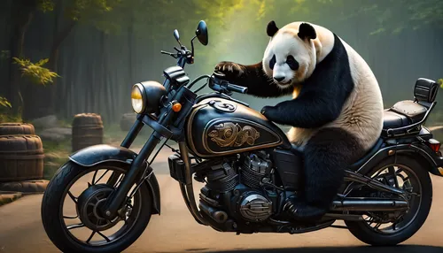 Giant panda riding a motorcycle,giant panda,panda,derivable,biker,pandurevic,pandith,pando,pandur,pandher,pandin,panda bear,hog xiu,bamboo,large panda bear,pandl,heavy motorcycle,motorbike,pandulf,mot