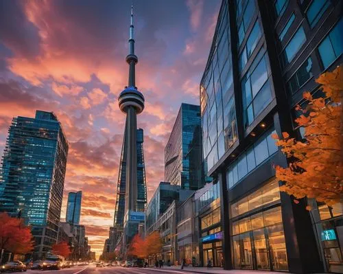 Modern Toronto skyscraper, sleek glass and steel façade, angular lines, reflective windows, LED lights illuminating the exterior at night, bustling downtown area, King Street West, financial district,