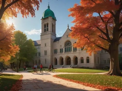 Indiana University Bloomington campus, historic architectural style, brick buildings with ivy-covered walls, ornate stone carvings, clock tower, sprawling green lawns, autumn foliage, sunny day, warm 