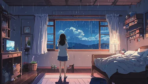 bedroom window,sky apartment,room,evening atmosphere,bedroom,cold room,blue room,studio ghibli,atmosphere,window,window to the world,windowsill,sleeping room,薄雲,dream world,windows,open window,one room,apartment,empty room,Illustration,Japanese style,Japanese Style 06