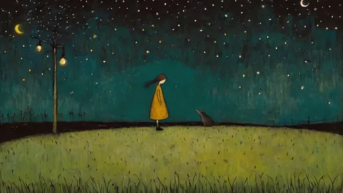 night scene,fireflies,girl in a long,starry night,cosmos field,night stars,girl with tree,falling star,girl in a long dress,stargazing,starry sky,falling stars,the night sky,vincent van gough,the moon and the stars,the girl in nightie,the stars,starfield,yellow grass,firefly,Art,Artistic Painting,Artistic Painting 49