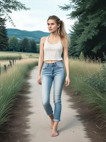 The picture shows a person with long, blond hair tied back in a high ponytail, standing barefoot outdoors in a wooded area. In the background are trees, bushes and a hint of a small fence in the middl