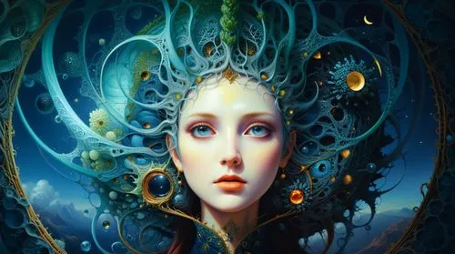 mesmerizing fracta,an artist's head with gears around it,melusine,hecate,naiad,the enchantress,dryad,faerie,Illustration,Realistic Fantasy,Realistic Fantasy 18