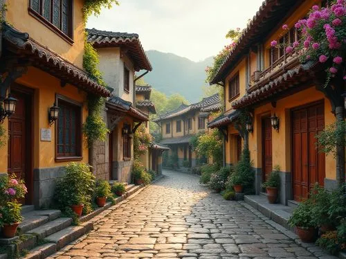 narrow street,lijiang,medieval street,wooden houses,metsovo,yangshao,old linden alley,townhouses,row of houses,village street,gjirokastra,the cobbled streets,moufang,gjirokaster,mountain village,bukchon,old town,tryavna,blocks of houses,alley,Photography,General,Realistic