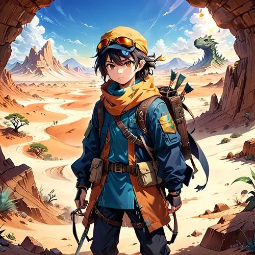 adventurer,mountain guide,link,game illustration,explorer,desert background,capture desert,spitzkoppe,meteora,cg artwork,hero academy,scout,alm,the wanderer,altiplano,ranger,tracer,surveyor,desert fox,geologist,Anime,Anime,Realistic