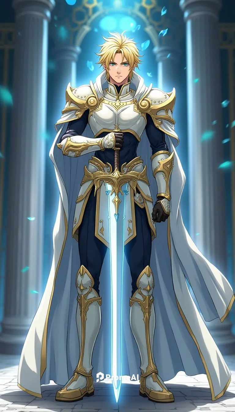 Full-body character design of a handsome man with Nordic features, radiant blonde hair, and bright blue eyes. Wears gleaming, white and gold armor that emits a soft glow. Holds a sword that radiates p