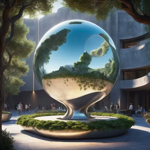 mujer protagonista de un libro de ciencia ficcion. Que esta perdida en un mundo alienigena con mucha tecnologia.,an artistic sculpture with trees and people on the other side,glass sphere,crystalball,