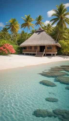 Tahitian-inspired Polynesian architecture, traditional thatched roof, wooden pillars, intricate carvings, vibrant tropical flowers, lush greenery, sunny weather, clear blue sky, white sandy beach, pal