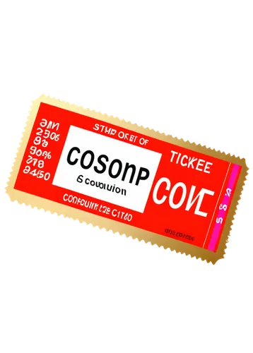 Coupon, discount ticket, rectangular shape, white background, bold font, red border, golden stamp, diagonal composition, shallow depth of field, bright lighting, high contrast, PNG with transparent ba