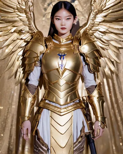 wearing the golden Armor of Aiolos, SagittariusArmor, gold armor, shoulder armor, shoulder armor decoration, golden Armor, cape, helmet, Gold Saints, Sagittarius Aiolos, weapon, long gold wings,archan