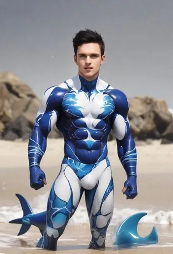 A mistake at the beach.

The guy became blue and white shark, a vinyl muscle  toy. The character has an athletic body with blue fins,and a tail. The body of character is made of a vinyl that is both b