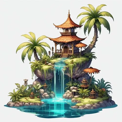 wishing well,tropical island,tropical house,floating islands,underwater oasis,diamond lagoon,Illustration,Abstract Fantasy,Abstract Fantasy 11