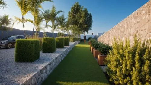 many plants and bushes in pots near a wall,landscaped,landscaping,golf lawn,artificial grass,landscape design sydney,buxus,Photography,General,Realistic