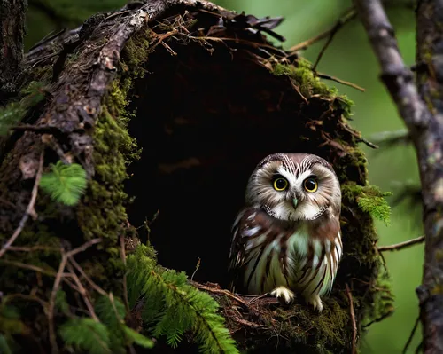 Write a heartwarming tale about a wildlife photographer capturing a stunning image of a Northern Saw-whet owl nesting in a peaceful forest.,saw-whet owl,spotted-brown wood owl,siberian owl,spotted woo