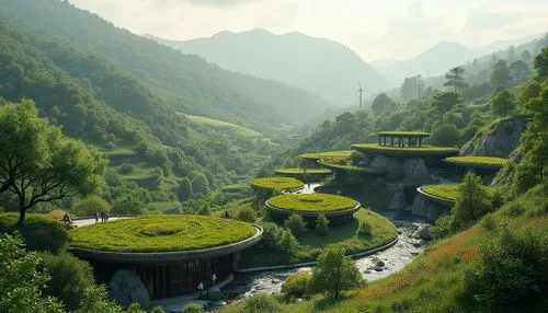 roof landscape,tulou,grass roof,wudang,rice terrace,moss landscape,green valley,futuristic landscape,guizhou,green landscape,terraces,building valley,ecotopia,mushroom landscape,terraced,alpine village,asian architecture,mountain settlement,mountainous landscape,mountain huts,Photography,General,Realistic