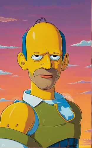 A captivating portrait of a happy character from the iconic cartoon, The Simpsons, featuring a distinctive appearance. The man has a large forehead with a receding hairline, and his thin, short hair i