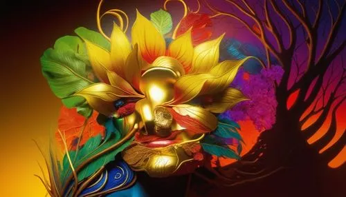 Origin of Life. First cells. DNA. Primitive life forms. Life's architecture unfolding.,an image of colorful flowers made from paper,venetian mask,neon body painting,diablada,masquerade,golden mask,hea