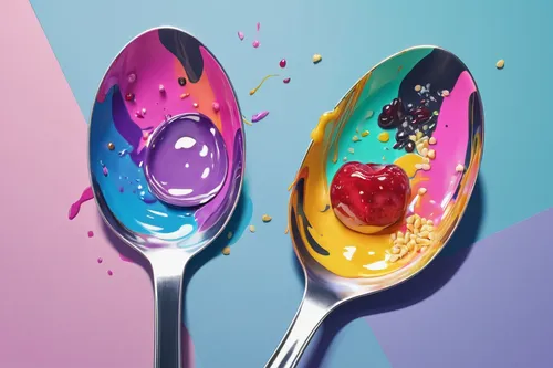 Write a dialogue between two spoons discussing their favorite dishes.,colorful foil background,ice cream icons,egg spoon,colorful drinks,food coloring,colorful eggs,painting eggs,halo-halo,colored egg