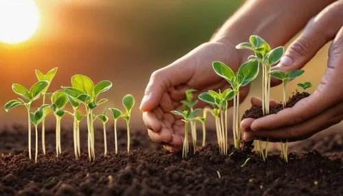 Hand nurturing and watering young baby plants growing in germination sequence on fertile soil at sunset background, realistic,planting,seedbed,seedling,seedlings,replantation,ecological sustainable de